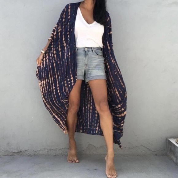 Navy Tie Dye Boho Swim Coverup Kimono Robe - Picture 5 of 8